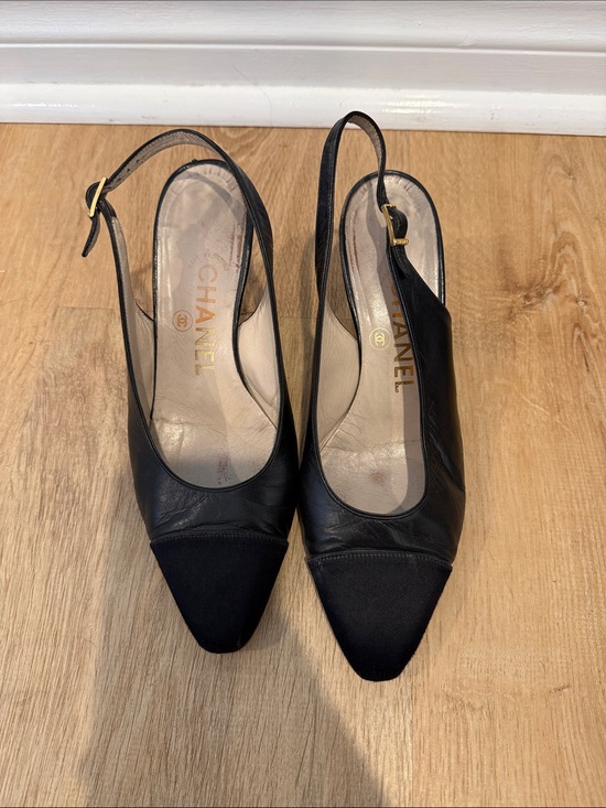 CHANEL Shoes - CHANEL Black Leather and Fabric Slingback Pumps